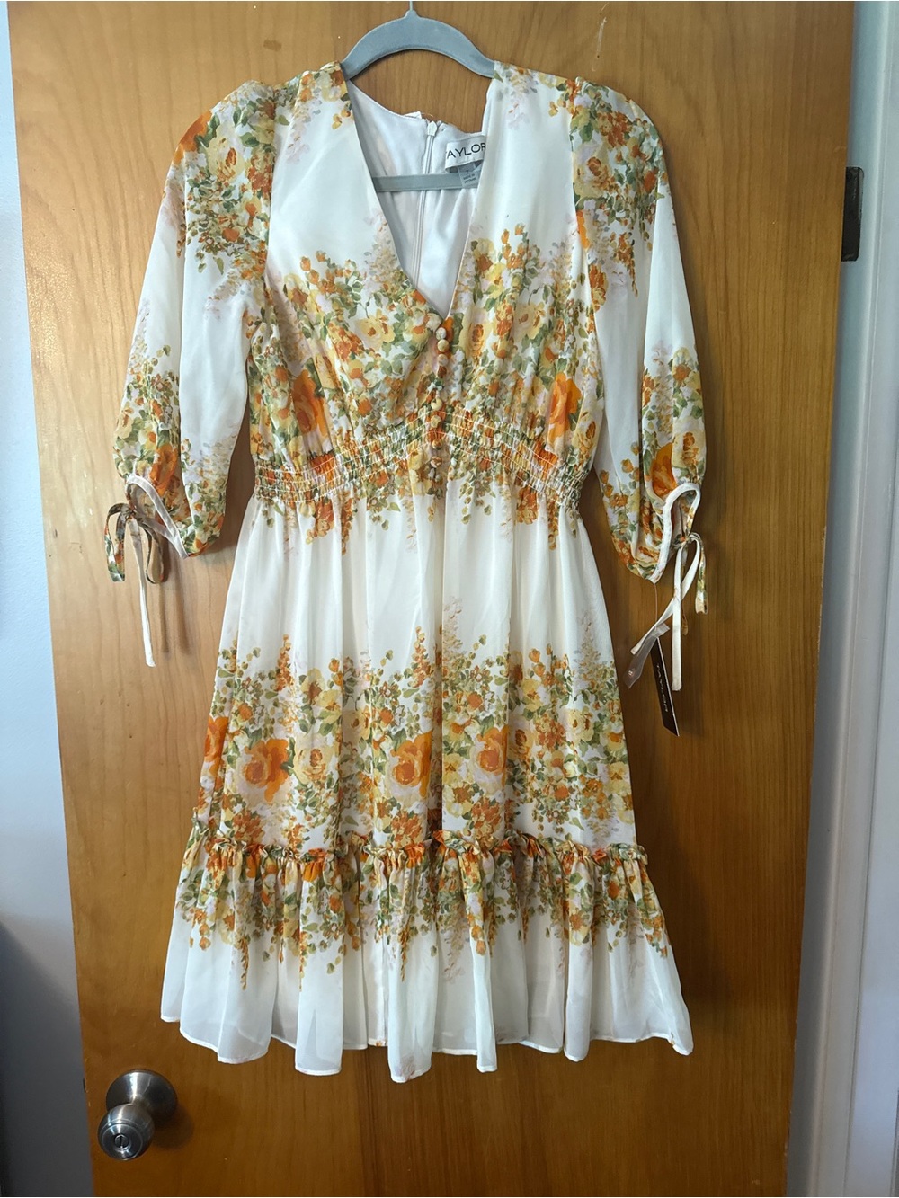 Taylor White Floral Midi Dress with Orange & Green Print